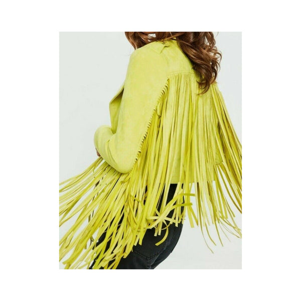 Women Vintage Yellowish Suede Leather Jacket Ladies Native Fringe Western Coat LR6310