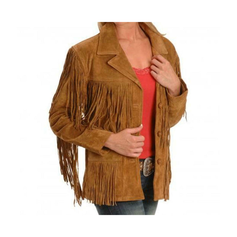 Vintage Brown Suede Western Moto Fringes Jacket for Women - Shop the Best Leather Jacket LR6305