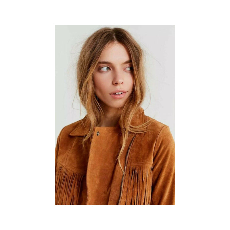 Vintage Brown Suede Western Moto Fringes Jacket for Women - Shop the Best Leather Jacket LR6300