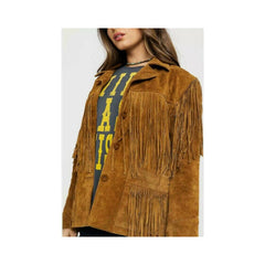 Womens Vintage Brown Suede Leather Jacket Ladies Native Fringe Western Wear Coat