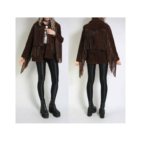 Womens Vintage Brown Suede Leather Jacket Ladies Native Fringe Western Wear Coat