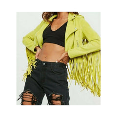 Women Vintage Yellowish Suede Leather Jacket Ladies Native Fringe Western Coat LR6310