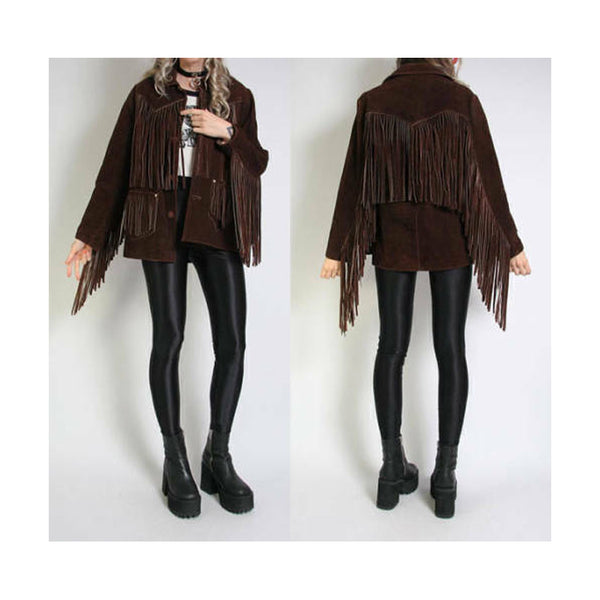 Vintage Brown Suede Western Moto Fringes Jacket for Women - Shop the Best Leather Jacket LR6304