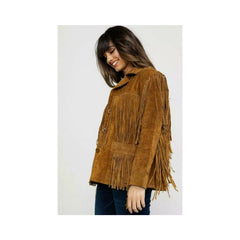 Womens Vintage Brown Suede Leather Jacket Ladies Native Fringe Western Wear Coat