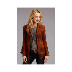 Women Vintage Brown Suede Leather Jacket Ladies Native Fringe Western Wear Coat