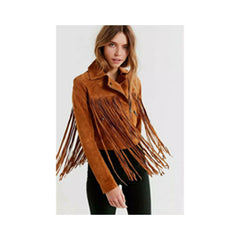 Vintage Brown Suede Western Moto Fringes Jacket for Women - Shop the Best Leather Jacket LR6300