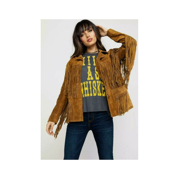 Womens Vintage Brown Suede Leather Jacket Ladies Native Fringe Western Wear Coat