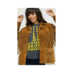 Womens Vintage Brown Suede Leather Jacket Ladies Native Fringe Western Wear Coat