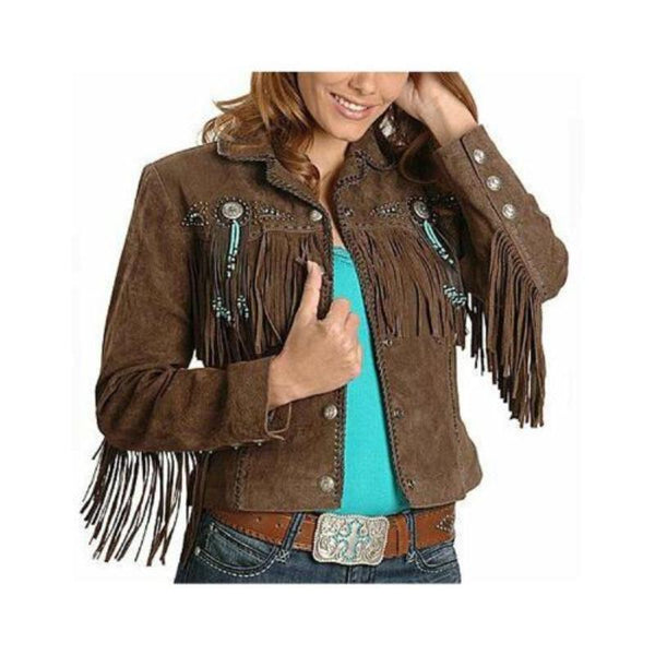 Women Vintage Brown Native Fringe Western Wear Scully Style Leather Jacket LR6311