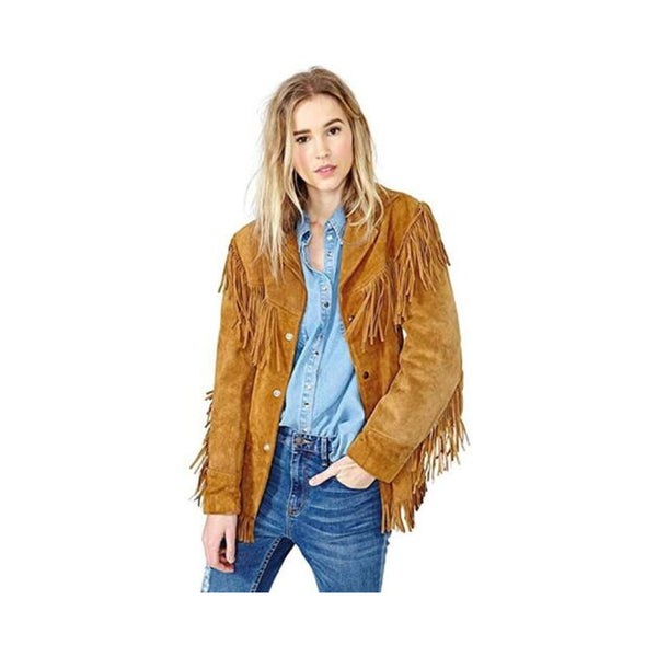 Womens Vintage Tan Brown Suede Leather Jacket Native Fringe Western Style Coat