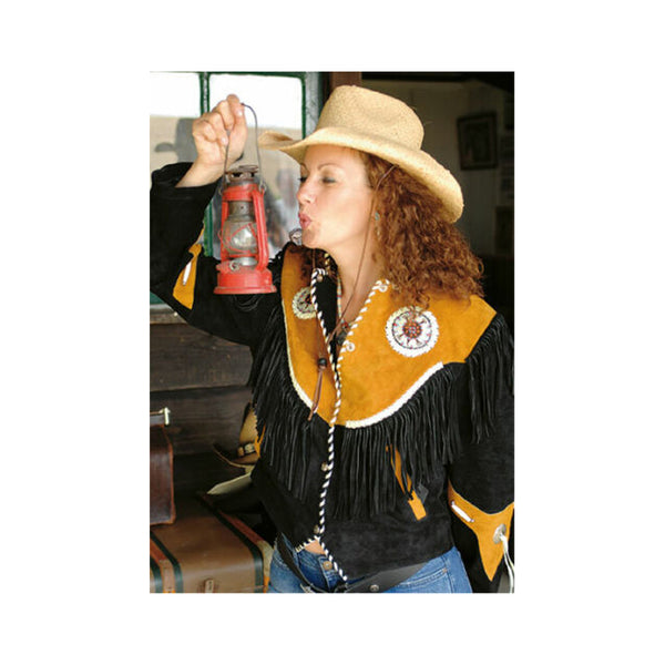 Women Vintage Brown Suede Leather Jacket Ladies Native Fringe Western Wear Coat