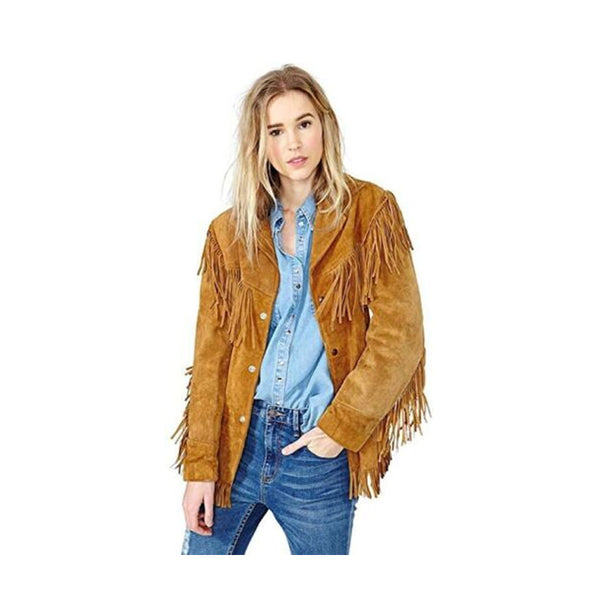 Vintage Brown Suede Western Moto Fringes Jacket for Women - Shop the Best Leather Jacket LR6306