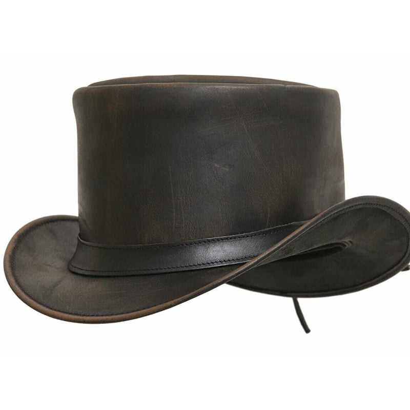 Men's Cowhide Distressed Steampunk Deadman Band Style Leather Top Hat