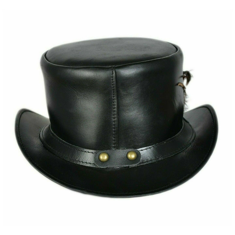 Women Marlow Leather Coachman Feather Accent Deadman Handmade Leather Top Hat