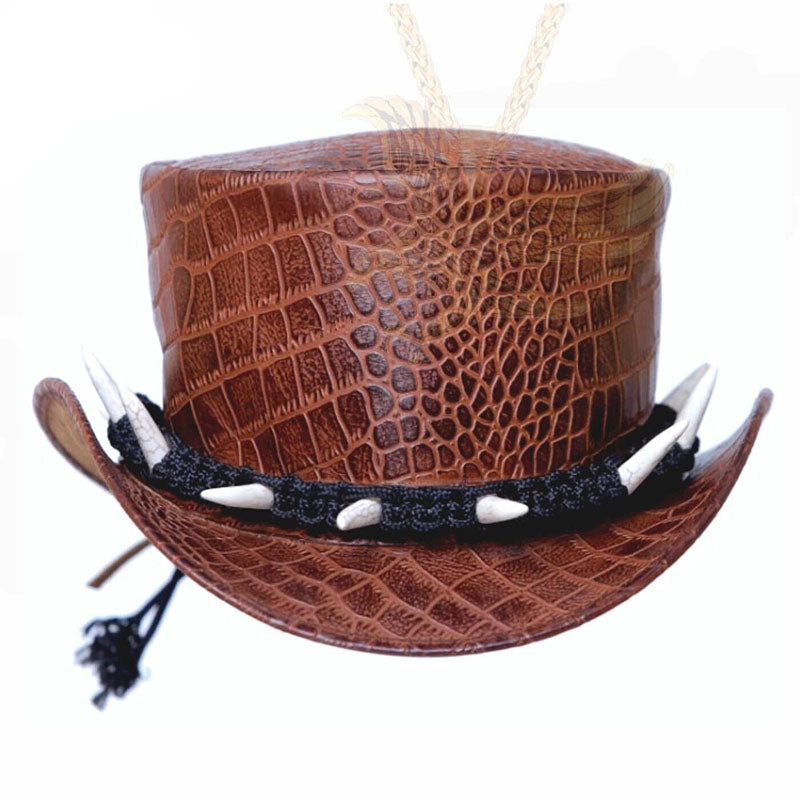 El Dorado Red Indian Crocodile teeth Biker Steampunk Deadman Leather Top Hat LRH4304