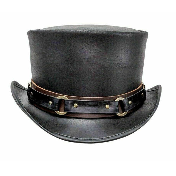 Steampunk Deadman Top Hat , El Dorado Buffalo 5 Cent Band Biker Leather Top Hat