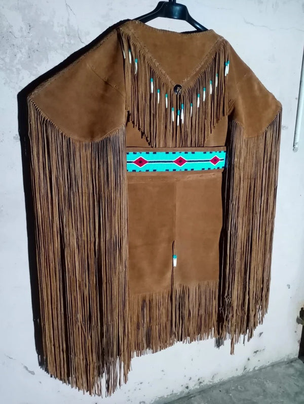 Womens Brown Leather Handmade Long Fringes Beaded Wedding Dress Powwow Regalia LRWD92