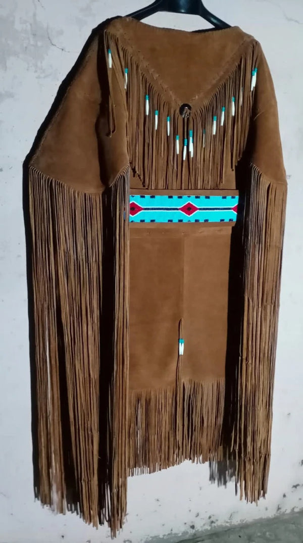 Womens Brown Leather Handmade Long Fringes Beaded Wedding Dress Powwow Regalia LRWD92